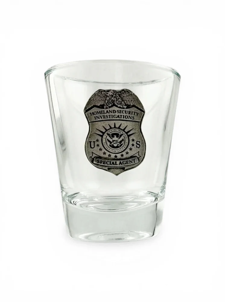 HSI ROUND SHOT GLASS WITH PEWTER BADGE