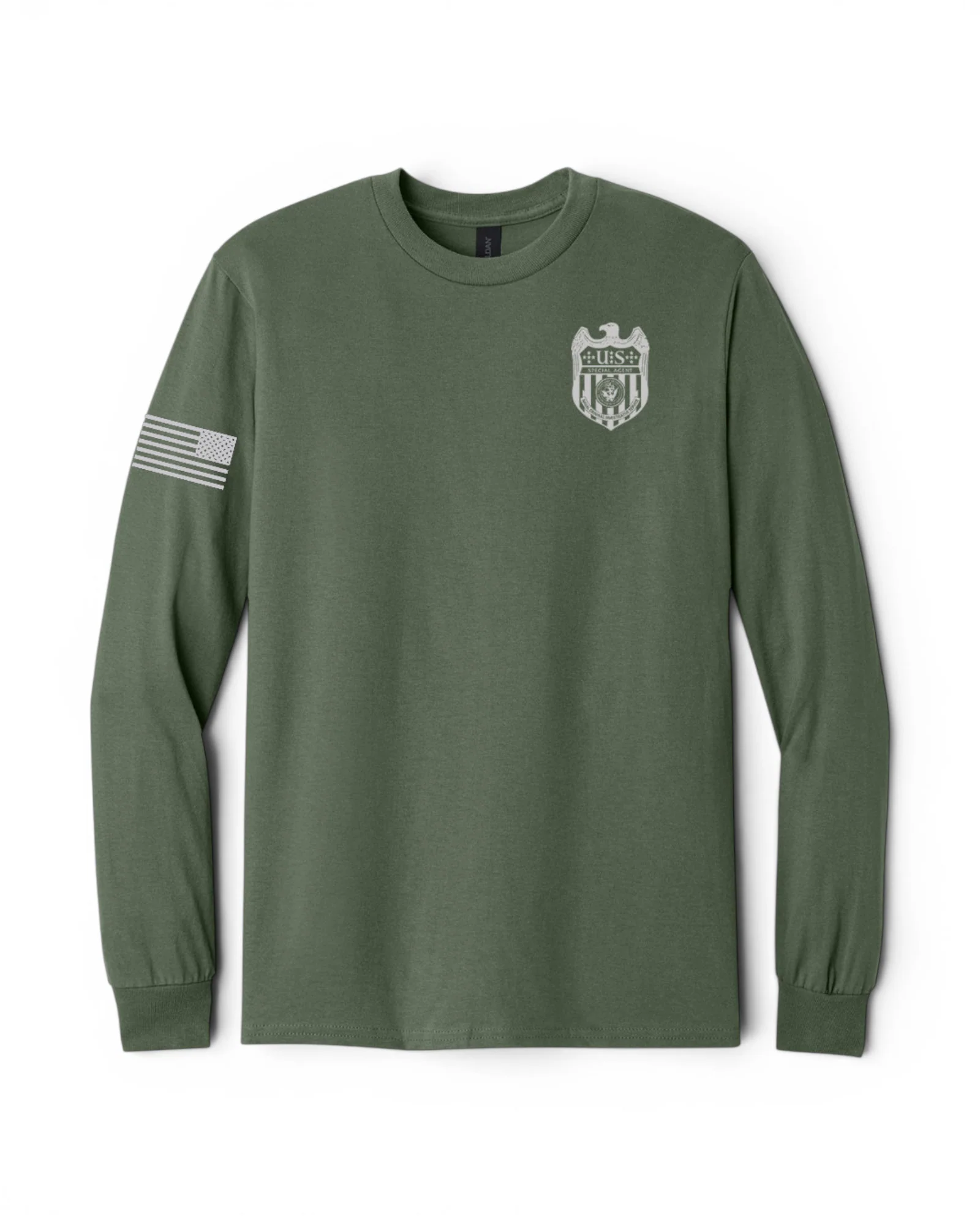 NCIS S/A BADGE W/ REV FLAG AGENCY RAID LONG SLEEVE T-SHIRT GILDAN HEAVY COTTON 5400 CLEARANCE