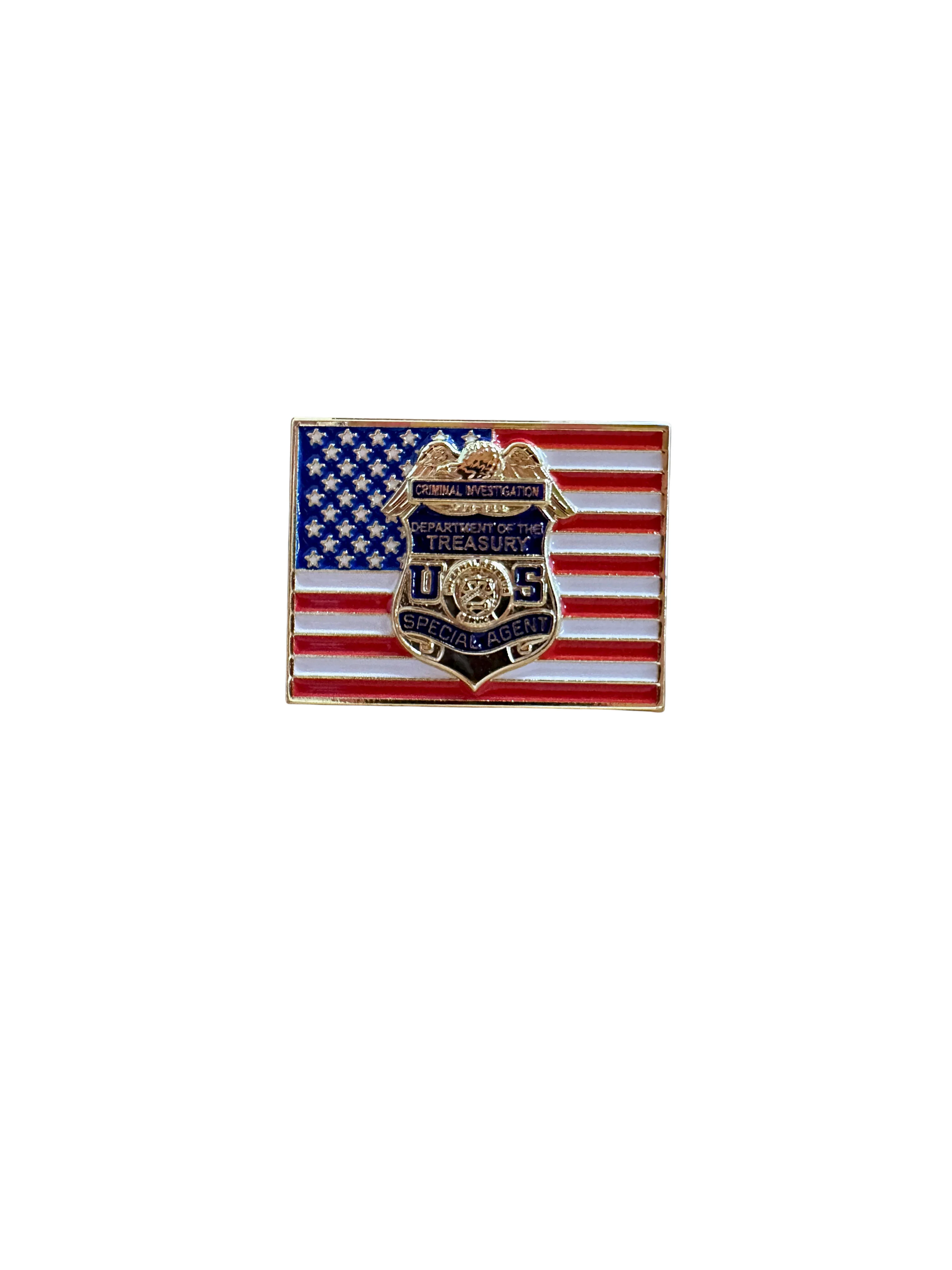 OVERSIZED IRS CI S/A BADGE BADGE FLAG TIE PIN-GOLD/MULTI-1.25" X .75"