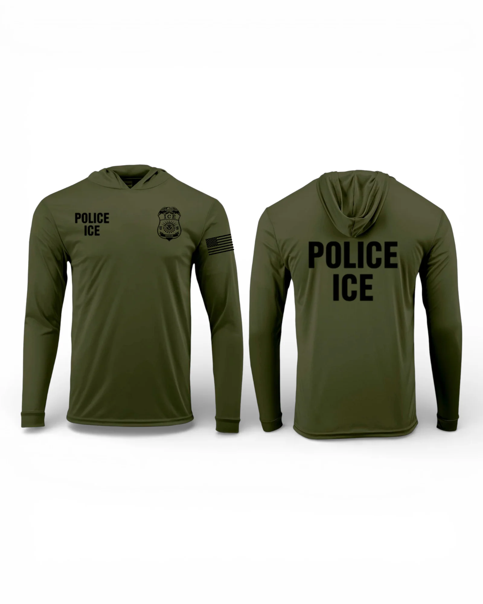 POLICE ICE HOODED PULLOVER L/S T-SHIRT 220-OLIVE GREEN/BLACK