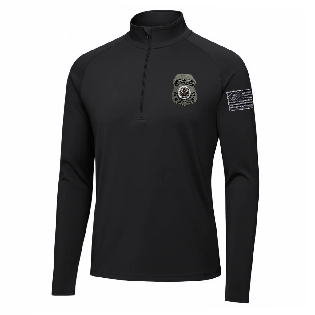 ST850 SPORT TEK 1/4 ZIP PULLOVER WITH HSI SPECIAL AGENT BADGE AND FLAG LEFT SLEEVE-GREY/BLACK