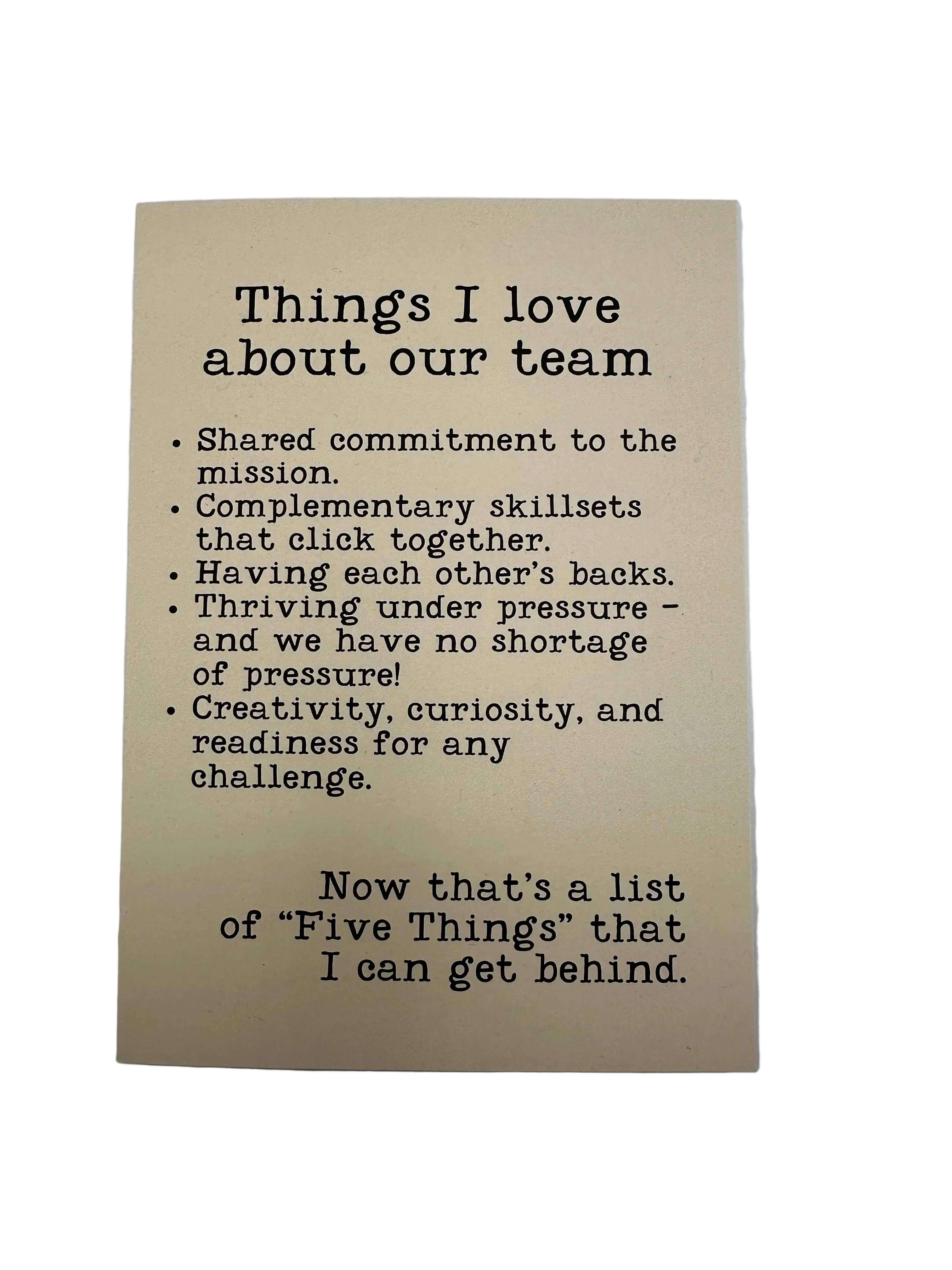 THINGS I LOVE ABOUT OUR TEAM CARD